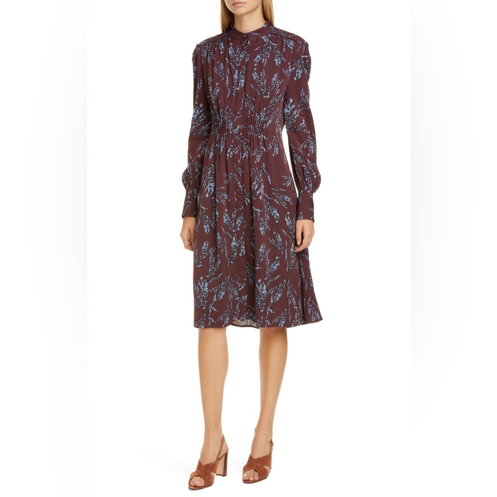 Equipment Brown Long Sleeve Floral Print Midi Dress